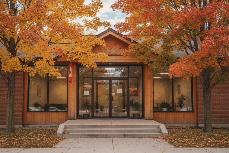 Photo-realistic Canadian municipal-style building exterior with glass doors and steps, photographed in daylight